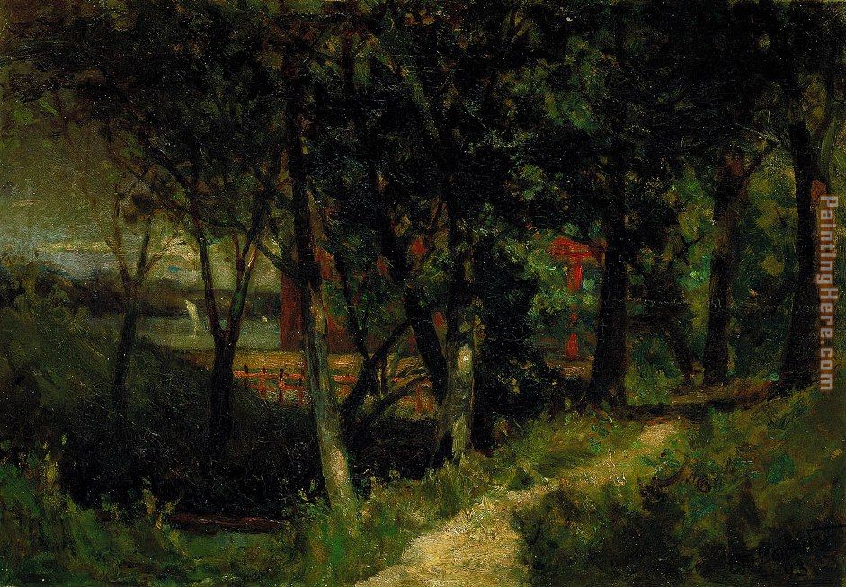 landscape, forest scene with red fence and building painting - Edward Mitchell Bannister landscape, forest scene with red fence and building art painting
